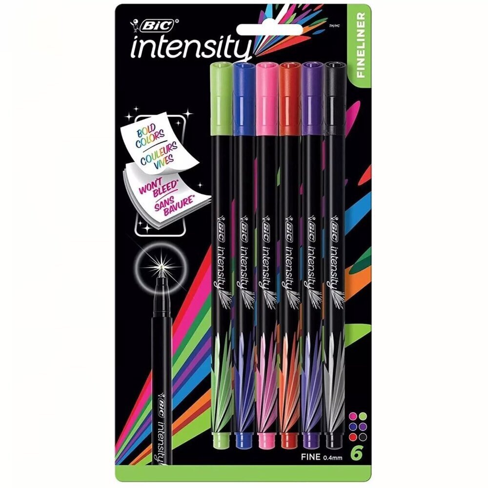 BIC Intensity Fineliner Marker Pen 6 count Fine Point 0.4mm Tips Multi-Color